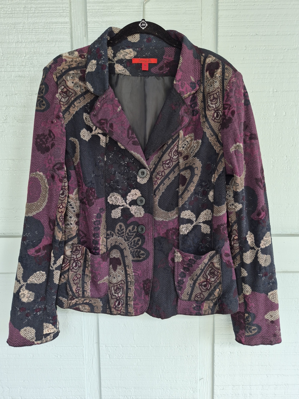 Joni B Abstract Floral Paisley Blazer Jacket in Purple Black Medium Boho Artsy